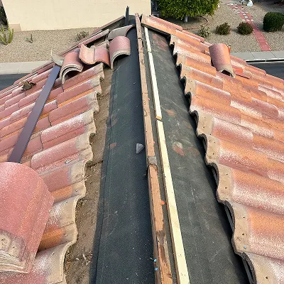 Tile roof ridge opened for preparation